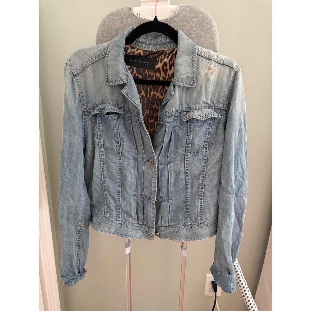 Elie Tahari Light Wash Denim Jacket Leopard Lined Distressed Trucker Womens M
